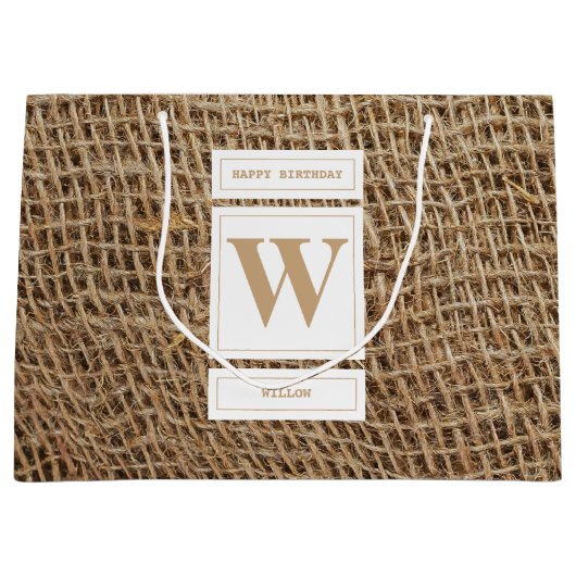 Rustic Burlap Monogram Initiaal Birthday Groot Cadeauzakje (Voorkant)