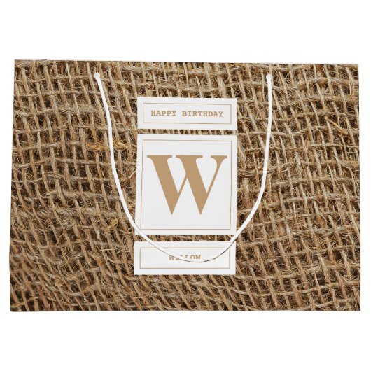 Rustic Burlap Monogram Initiaal Birthday Groot Cadeauzakje (Achterkant)