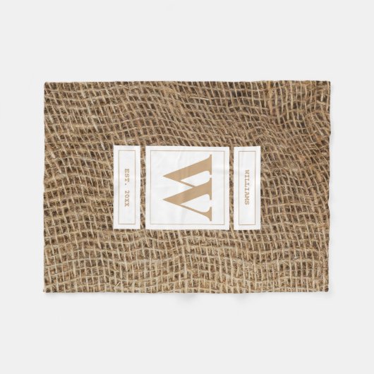 Rustic Burlap Monogram Initiaal Fleece Deken (Voorkant (Horizontaal))