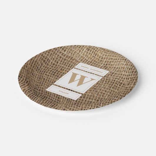 Rustic Burlap Monogram Initiaal Papieren Bordje (Gekanteld)