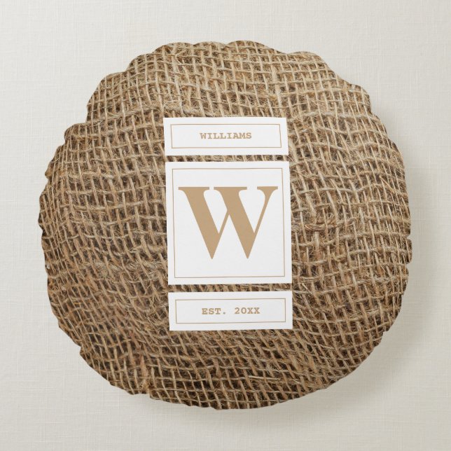 Rustic Burlap Monogram Initiaal Rond Kussen (Voorkant)