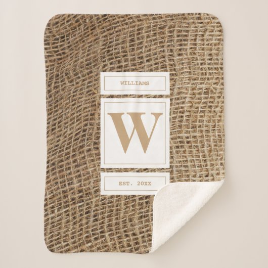 Rustic Burlap Monogram Initiaal Sherpa Deken (Voorkant)