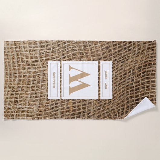 Rustic Burlap Monogram Initiaal Strandlaken (Voorkant)