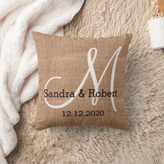 Rustic Burlap Monogram Wedding Keepslag Kussen (Deken)