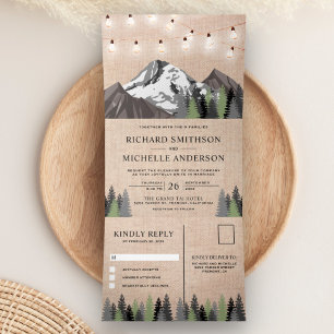 Rustic Burlap Mountain Forest Light Wedding Drieluik Uitnodiging
