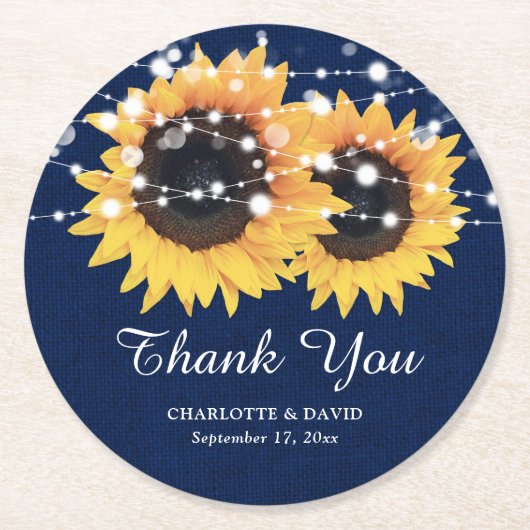 Rustic Burlap Navy Blue Sunflower Wedding Ronde Kartonnen Onderzetter (Voorkant)
