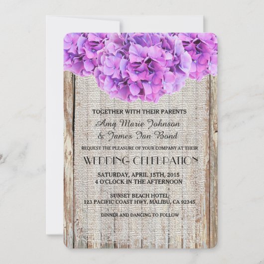 Rustic burlap paarse hydrangea trouwt met ph1 kaart (Voorkant)