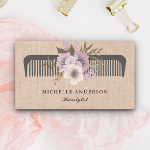 Rustic Burlap Pink Floral Comb Haarstylist Visitekaartje