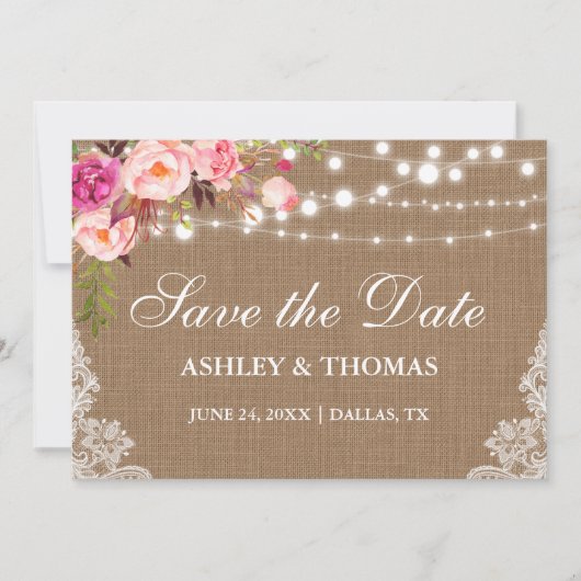 Rustic Burlap Pink Floral Lace Save the Date (Voorkant)