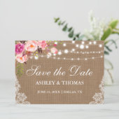 Rustic Burlap Pink Floral Lace Save the Date (Staand voorkant)