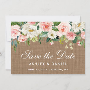 Rustic Burlap Pink White Floral bewaart de Date Ka Save The Date