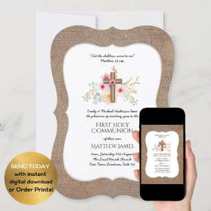 Rustic Burlap Première communion Invitations Flora