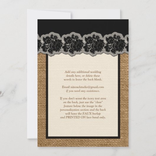 Rustic Burlap, PRINTED Lace, Bow Wedding Invite 3 Kaart (Achterkant)