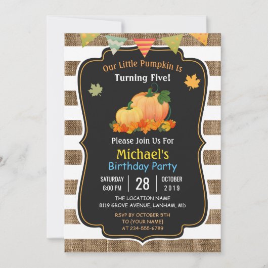 Rustic Burlap Pumpkin Herfst Kind Birthday Party Kaart (Voorkant)