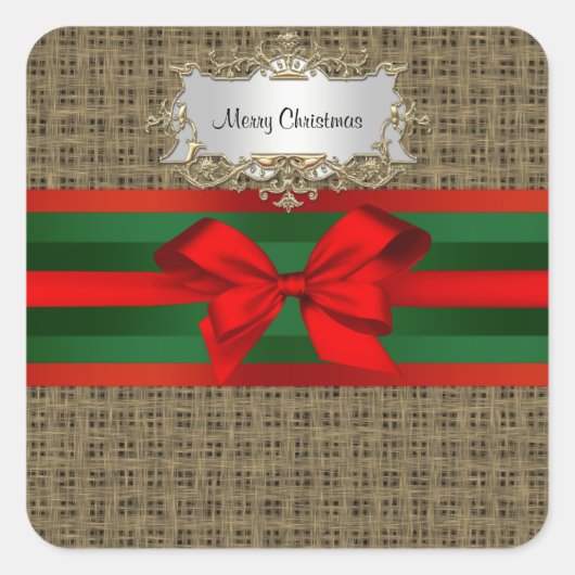 Rustic Burlap Red Green Bow Ribbon Vierkante Sticker (Voorkant)