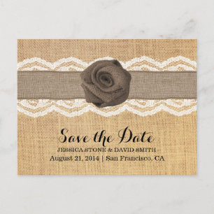 Rustic Burlap Roos & lint Lace Opslaan datum Aankondigingskaart