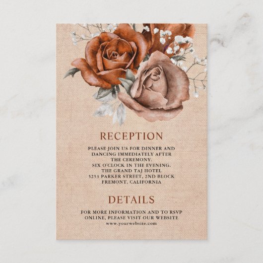 Rustic Burlap Roos Terracotta Wedding Details Informatiekaartje (Voorkant)