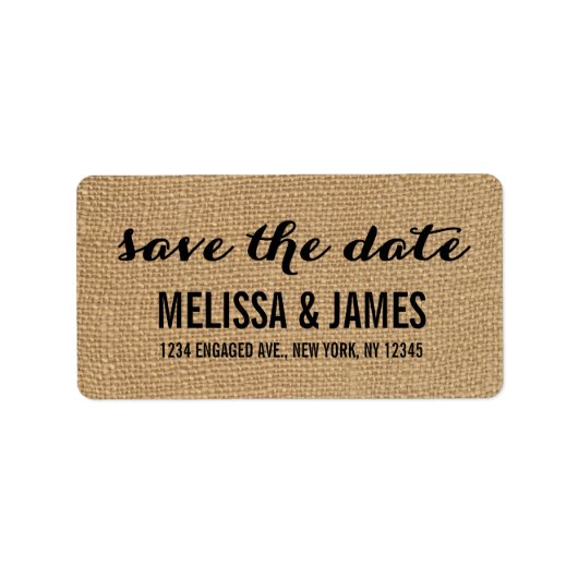 Rustic Burlap Script Save the Date Etiket (Voorkant)