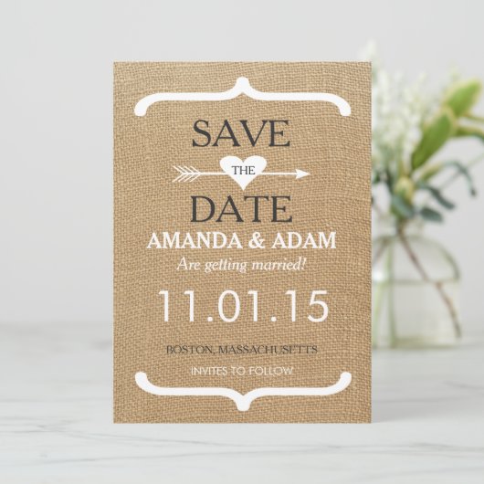 Rustic Burlap Sparen het Briefkaart van de Datum (Staand voorkant)