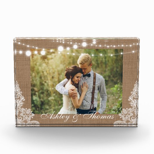 Rustic Burlap String Lights Lace Wedding Fotoblokken (Voorkant)