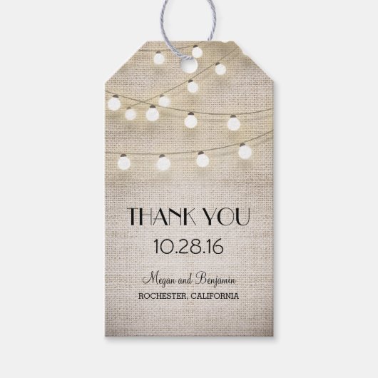 Rustic Burlap String Lights Wedding Cadeaulabel (Voorkant)