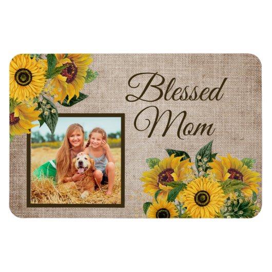 Rustic Burlap Sunflower Blessed Mam Foto Magneet (Horizontaal)