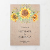 Rustic Burlap Sunflower Foto Collage Wedding Drieluik Uitnodiging (Cover)