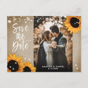 Rustic Burlap Sunflower Foto Save the Date Aankondigingskaart