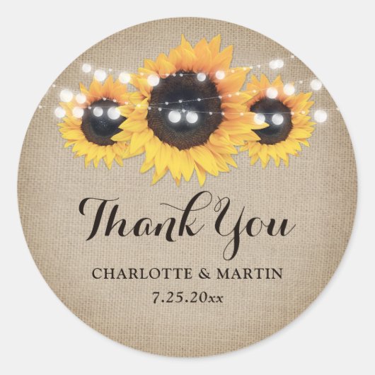 Rustic Burlap Sunflower Wedding Favor Ronde Sticker (Voorkant)
