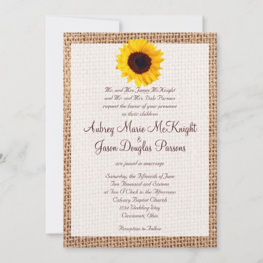 Rustic Burlap Sunflower Wedding Invitting Kaart (Voorkant)