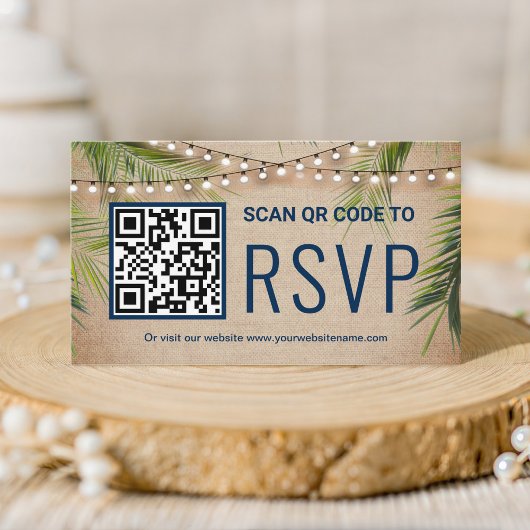 Rustic Burlap Tropical Palm QR Code RSVP Weddensch Informatiekaartje