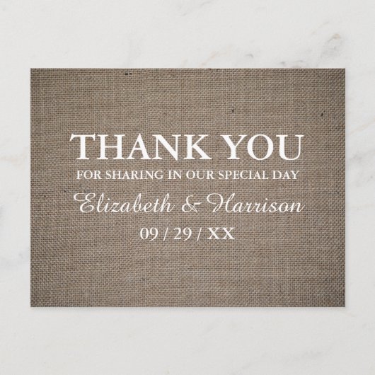 Rustic Burlap Wedding Bedankt Briefkaart (Voorkant)