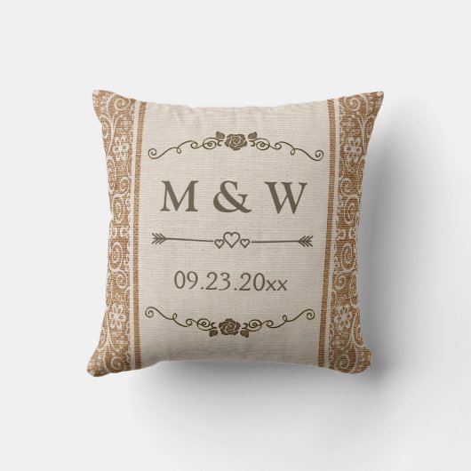 Rustic Burlap Wedding Monogram Kussen (Achterkant)