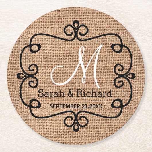 Rustic Burlap Wedding Monogram Ronde Kartonnen Onderzetter (Voorkant)
