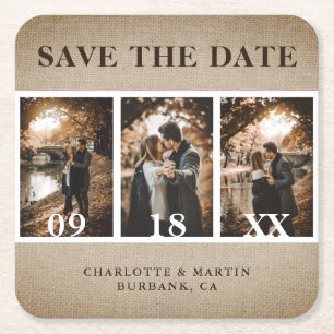 Rustic Burlap Wedding Photo Save the Date Vierkante Kartonnen Onderzetter