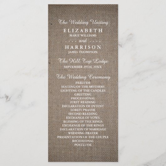 Rustic Burlap Wedding Programma (Voorkant)