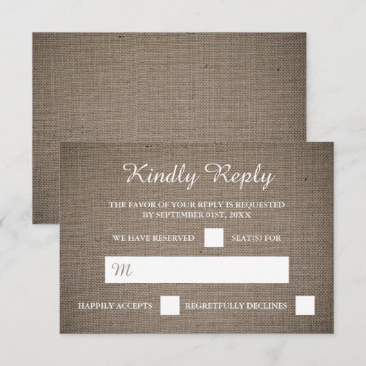 Rustic Burlap Wedding RSVP Kaartje (Voorkant / Achterkant)