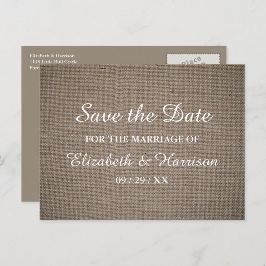 Rustic Burlap Wedding Save the Date Briefkaart (Voorkant / Achterkant)