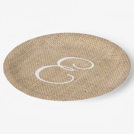 Rustic Burlap Wedding Simple Monogram Papieren Bordje (Gekanteld)