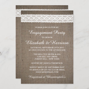 Rustic Burlap,  White Lace Engagement Party Kaart