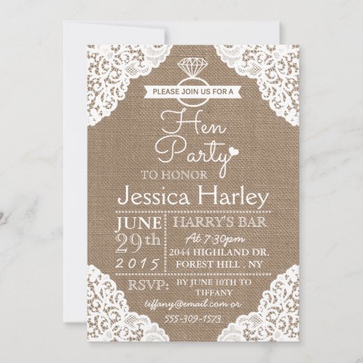 Rustic Burlap & White Lace Hen Party Kaart (Voorkant)