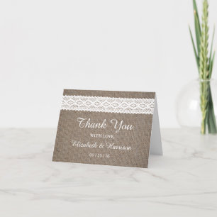 Rustic Burlap & White Lace Weddig Bedankkaart