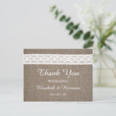 Rustic Burlap & White Lace Wedding Briefkaart (Staand voorkant)