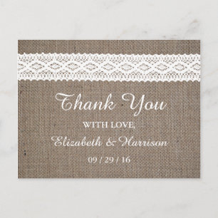 Rustic Burlap &  White Lace Wedding Briefkaart