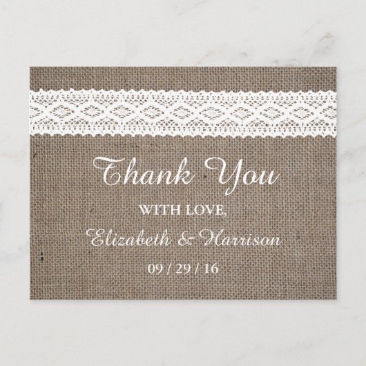 Rustic Burlap & White Lace Wedding Briefkaart (Voorkant)