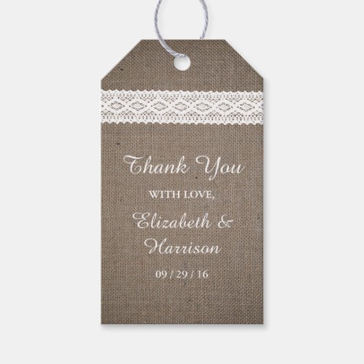 Rustic Burlap & White Lace Wedding Cadeaulabel (Voorkant)