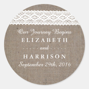 Rustic Burlap & White Lace Wedding Favor Ronde Sticker