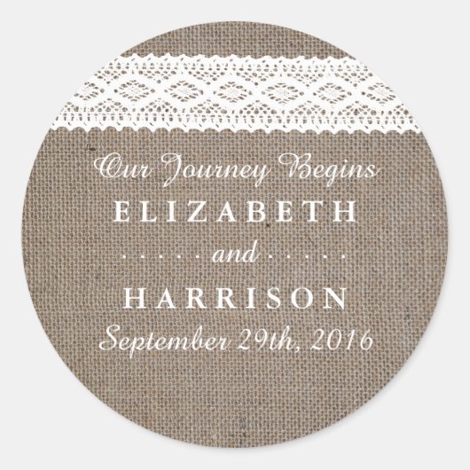 Rustic Burlap &  White Lace Wedding Favor Ronde Sticker (Voorkant)