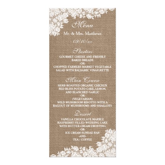 Rustic Burlap & White Lace Wedding Menu (Voorkant)