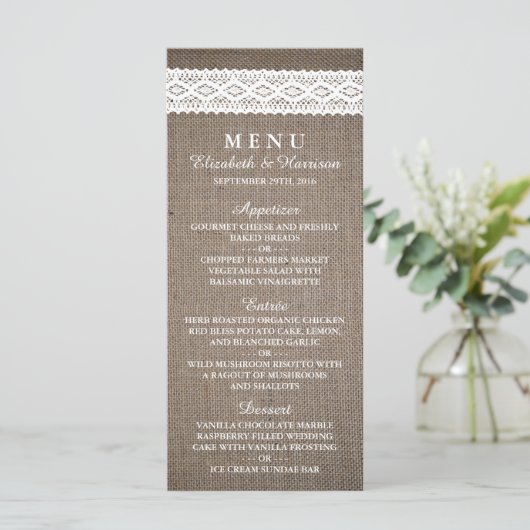 Rustic Burlap & White Lace Wedding Menu (Staand voorkant)